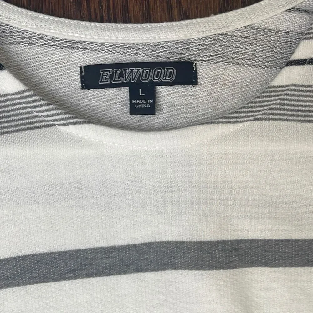 Elwood Striped Jersey Mens‎ Large White Grey Curved Hem Long Sleeve EMT022916
